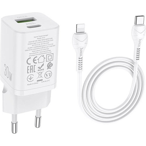 Мережевий зарядний пристрій Hoco N13 Bright PD30W + Cable USB-C to Lightning White (747426) - придбати в Дніпрі, Україні: ціна, характеристики | інтернет-магазин TOUCH