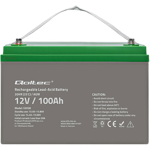 Аккумулятор Qoltec AGM 12V (12V/100Ah/1200Wh) (53038)