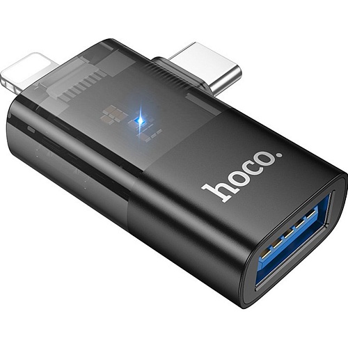 Переходник Hoco UA36E USB-C Male/Lightning Male to USB-A Female OTG Black