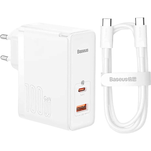Сетевое зарядное устройство Baseus GaN5 Pro Fast Charger C+U 100W + Cable USB-C White (CCGP090202)