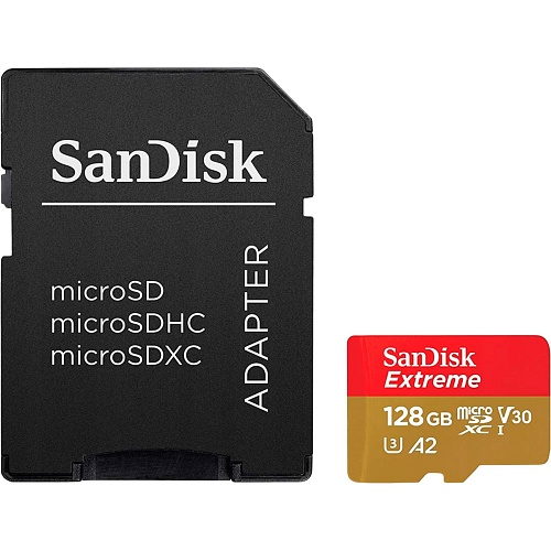 Карта памяти SanDisk microSD 128GB C10 UHS-I U3 R190/W90MB/s Extreme Pro V30 + SD адаптер (SDSQXAA-128G-GN6MA)