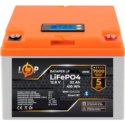 Аккумулятор LogicPower LiFePO4 12.8V - 32 Ah BMS 40А/32A LCD Smart BT (29993)