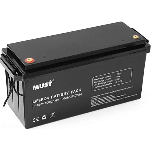 Аккумулятор Must LiFePO4 24V (25.6V/100Ah/2560Wh) (LP15-24100) Аккумулятор Must LiFePO4 24V (25.6V/100Ah/2560Wh) (LP15-24100)