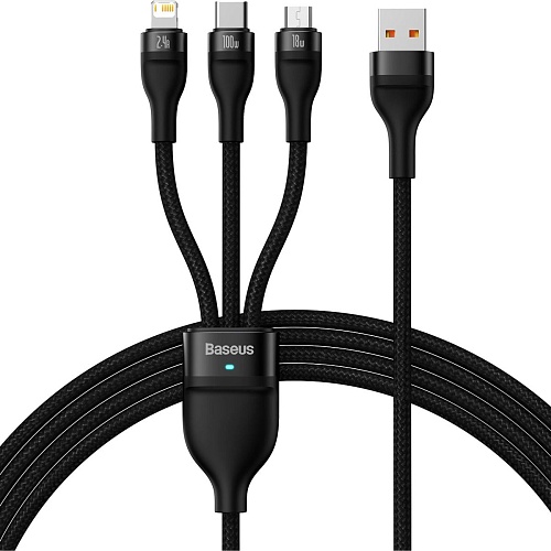 Кабель Baseus Flash Series II 3-in-1 USB-A to USB-C/Lightning/Micro-USB 100W 1.2m Black (CASS030001) - придбати в Дніпрі, Україні: ціна, характеристики | інтернет-магазин TOUCH