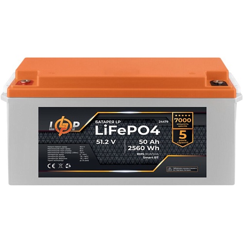 Аккумулятор LogicPower LiFePO4 Smart BT 48V (51.2V/50Ah/2560Wh) (BMS 80A/50А) (24479)