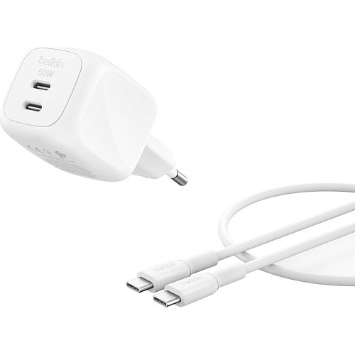 Мережевий зарядний пристрій Belkin Boost Up Charge Pro Dual USB-C GaN 50W White + Cable USB-C - USB-C (WCH019KQ1MWH-B6) - придбати в Дніпрі, Україні: ціна, характеристики | інтернет-магазин TOUCH Мережевий зарядний пристрій Belkin Boost Up Charge Pro Dual USB-C GaN 50W White + Cable USB-C - USB-C (WCH019KQ1MWH-B6) - придбати в Дніпрі, Україні: ціна, характеристики | інтернет-магазин TOUCH