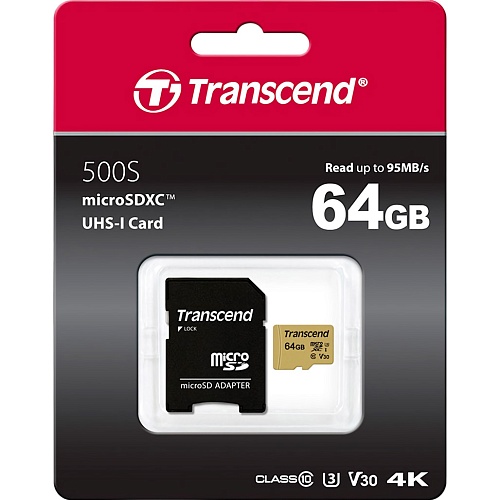 Карта памяти Transcend microSDXC 500S 64GB UHS-I U3 Class 10 + SD-adapter (TS64GUSD500S)