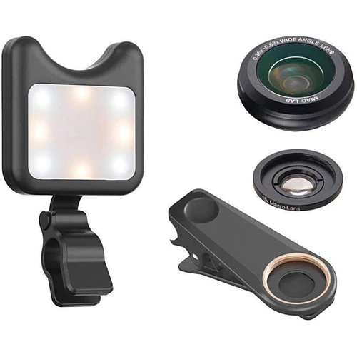 Широкоугольный макрообъектив для телефона с подсветкой Apexel HD Mini Phone Lens Kit 0.6X Wide Angle Macro (APL-3663FL-B)