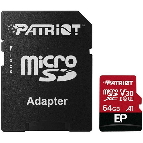 Карта памяти Patriot LX microSDXC 64GB UHS-I U3 V30 A1 EP + SD adapter (PEF64GEP31MCX)