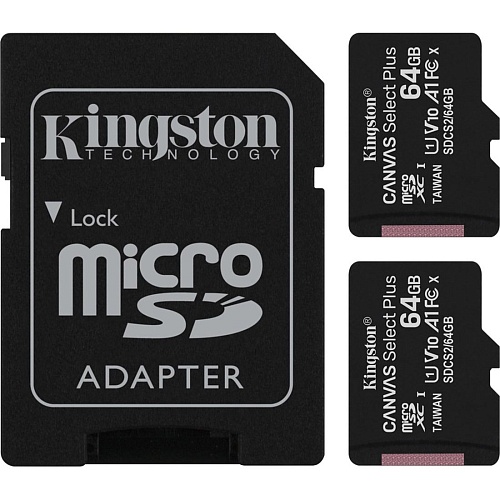 Карта памяти Kingston microSDXC 64GB Canvas Select Plus Class 10 UHS-1 А1 2 шт + SD адаптер (SDCS2/64GB-2P1A)