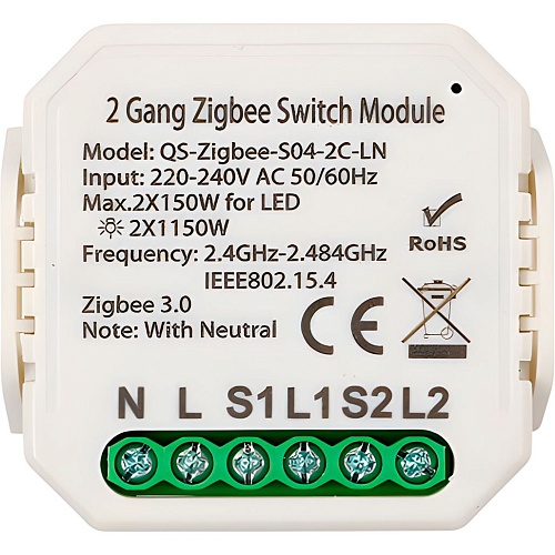 Розумне реле Tuya Zigbee 2 з нульовою лінією (QS-Zigbee-S04-2C-LN) - придбати в Дніпрі, Україні: ціна, характеристики | інтернет-магазин TOUCH
